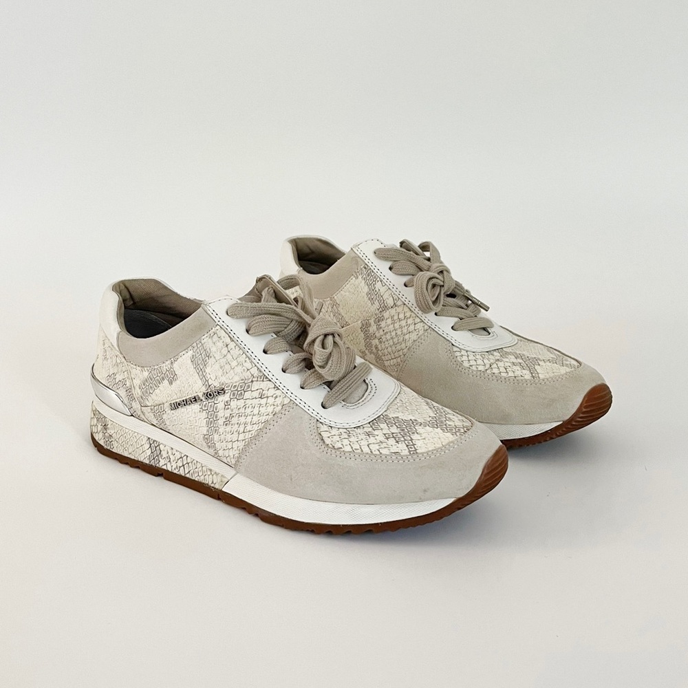 Michael Kors Allie Embossed Leather And Suede Sneakers Trainer Size 8.5 Beige